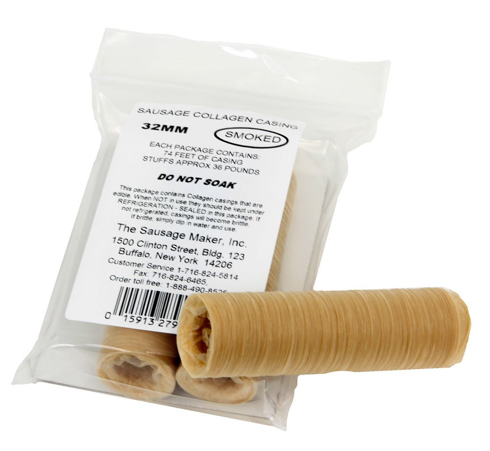 The Sausage Maker® 32mm Collagen Casings For Sausage Making, Edible, Clear, Smoked Beef Collagen Sticks, 1.25” Diameter Bratwurst, Pepperoni, 74 Feet Sausage Skin, Stuff 36 Lbs Meat