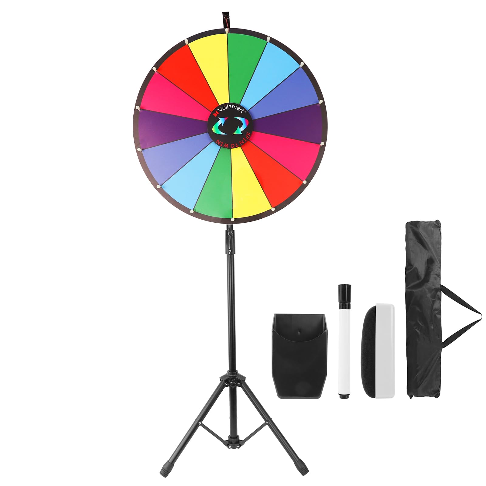 Voilamart24 Inch Prize Wheel with Folding Tripod Floor Stand Height Adjustable 14 Slots Color Dry Erase Spin Wheel Spinner Game with Dry Erase & Marker Pen for Trade Show Fortune Spinning Game