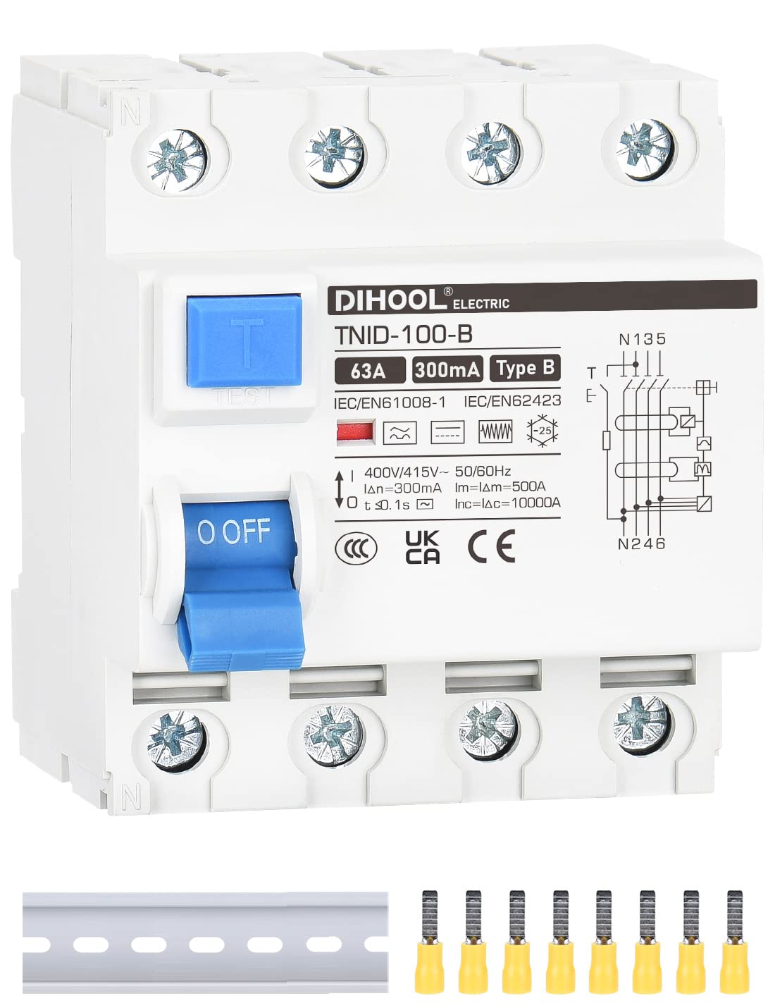 DIHOOL RCD Type B Disjoncteur de courant résiduel DIN Rail 4 pôles 63A 300mA