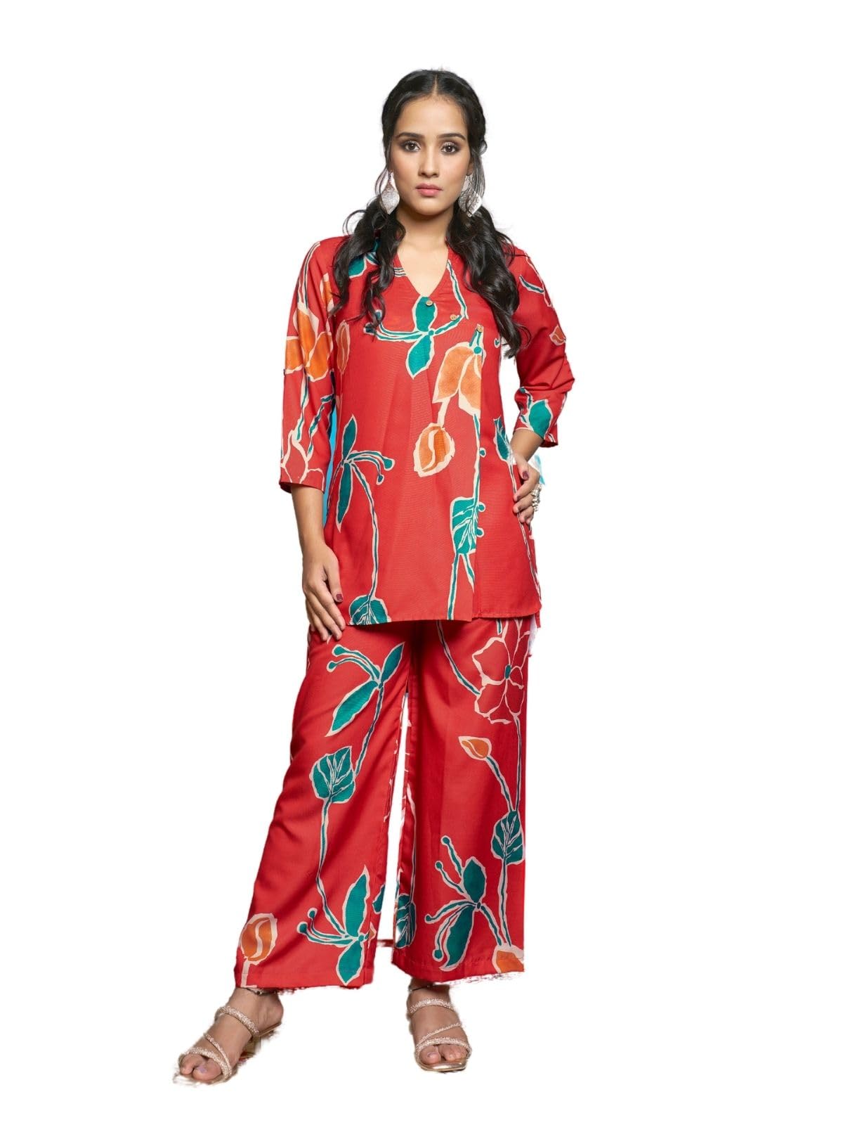 Greciilooks Womens Casual Rayon Regular Fit Floral Co-Ord Set (Red, Small)