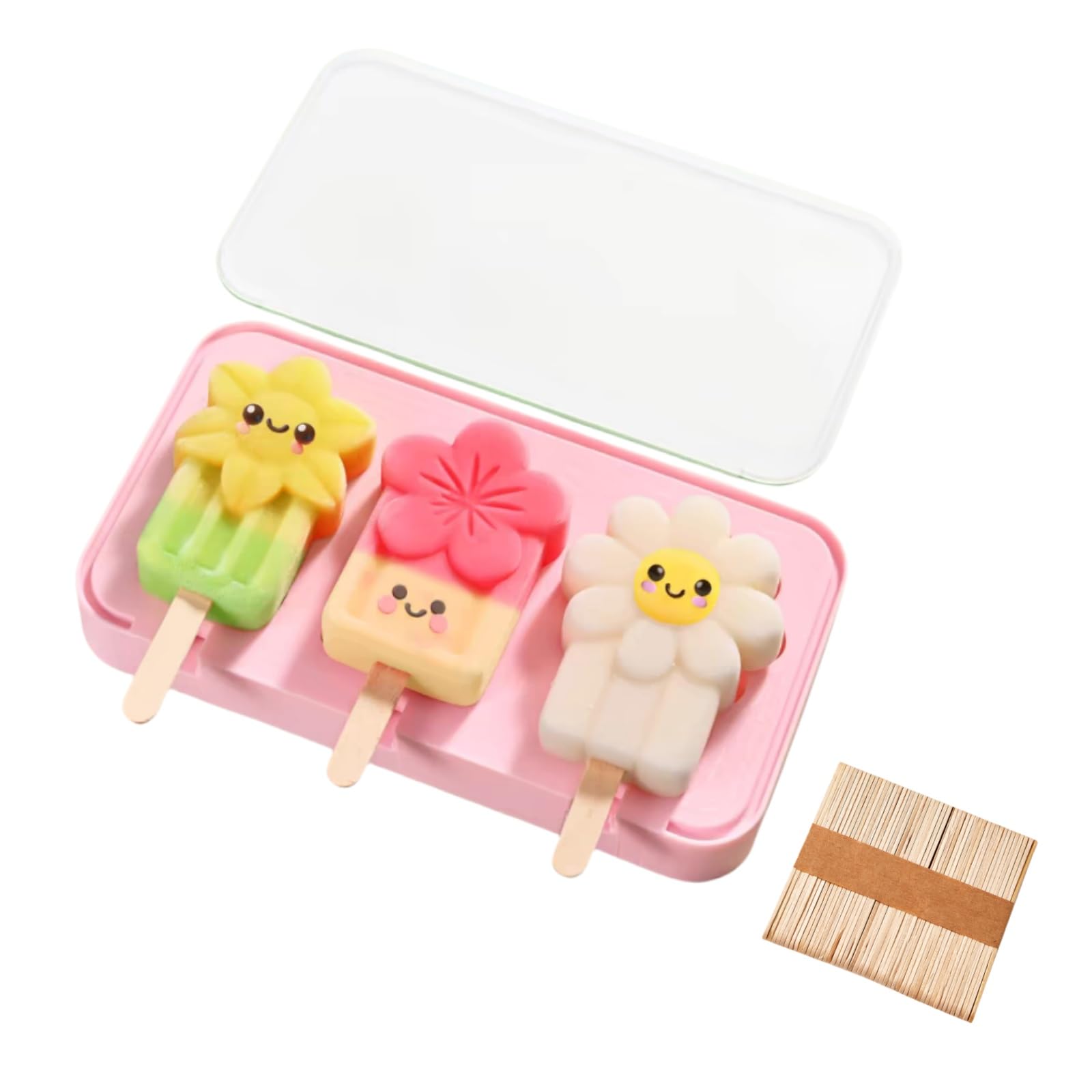 Silicone Small Popsicles Molds with 50 Wooden Sticks, Easy-release Cute Flower Homemade Ice Pop Molds Set, BPA Free (Style A)