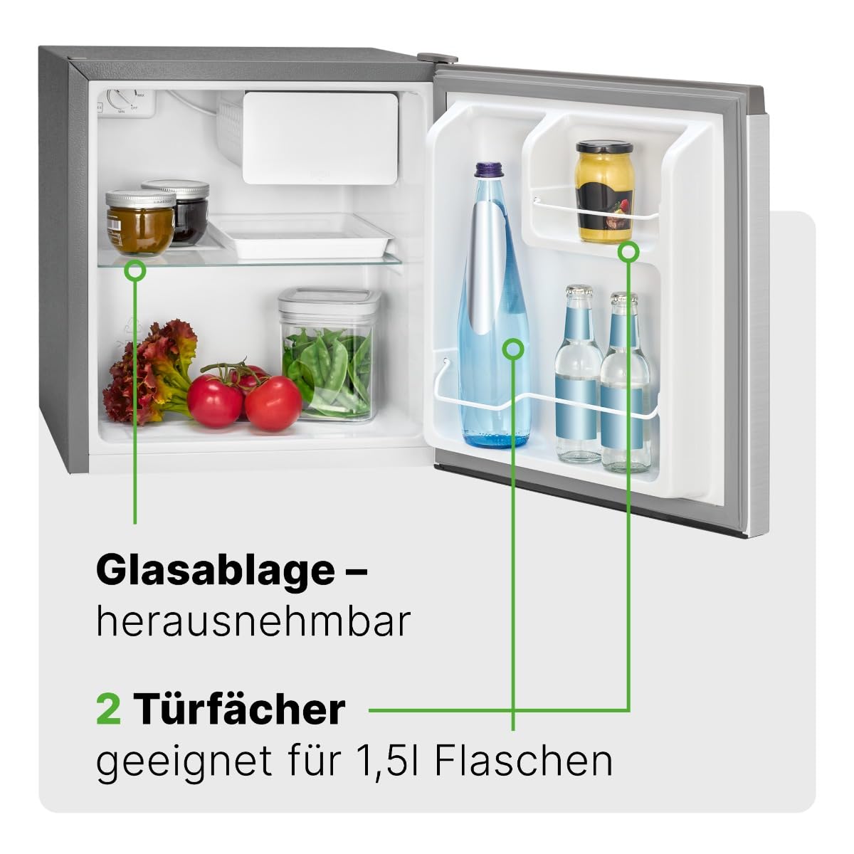 Bomann Mini Kühlschrank 45L mit Gefrierfach leise KB 7245 inox Türanschlag wechselbar