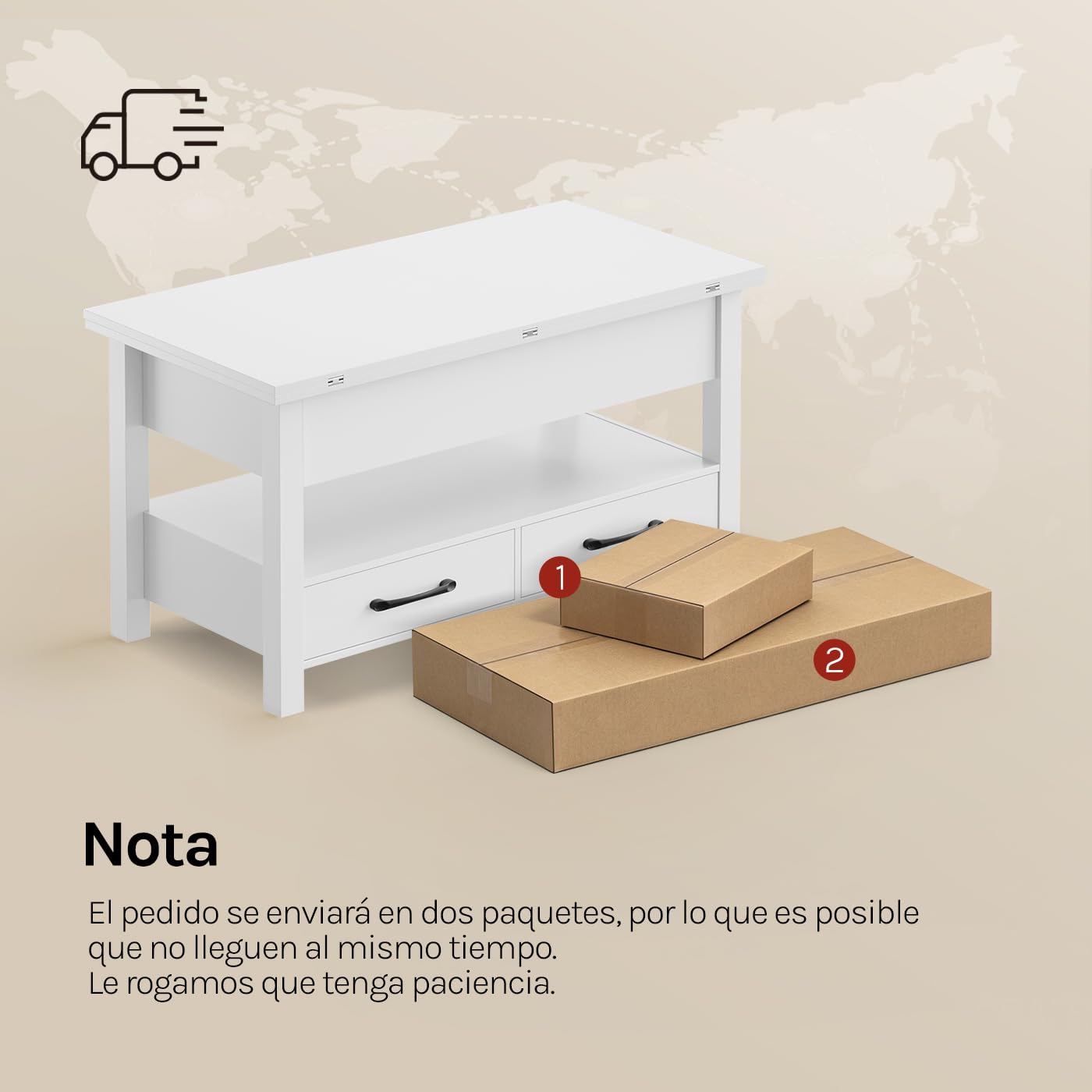 WOLTU Mesa de Centro Elevable, Mesita Salon con Espacio Oculto, Zona Abierta y 2 Cajones, Mesa Salón Elevador y Extensible, Multifuncional para Sala y Estudio, 100x50,5/100x53/66 cm, Blanco