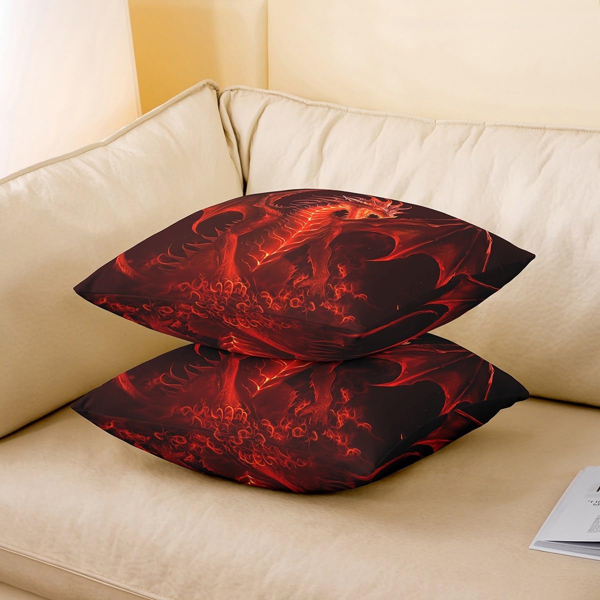Castle Fairy Red Dragon Throw Pillow Covers 24"x24" Set of 2 Kids Boys Games Cushion Covers for Couch Sofa Flame Wild Animal Decorative Pillowcases Red Black Wildlife Outdoor Pillows Covers