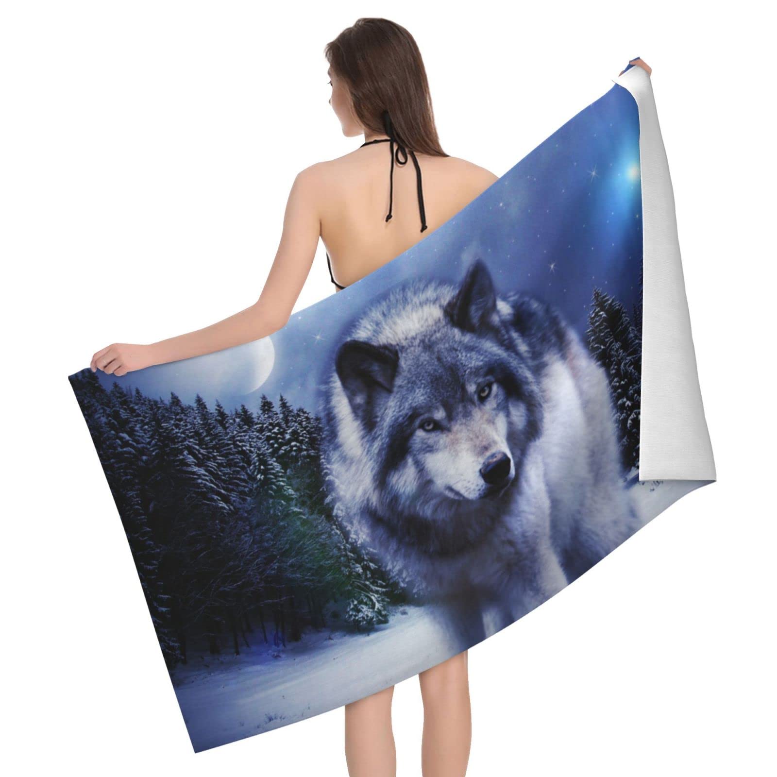 Lawenp Wolf in The Night Beach Towel, Lightweight Sand Free Quick Dry Microfiber Absorbent Bath Towel for Kids, Adults, Swimming, Bath, Yoga, Pool, Travel, Camping 32"X52"