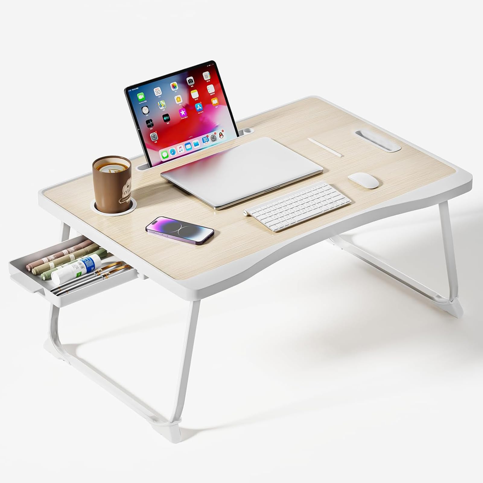 Warmiehomy Laptop Bed Table, Portable Laptop Desk with Handle, Foldable Laptop table with Desktop Card/Cup Slot, Side Drawer for Sofa, Eating Reading Working, Elm Yellow — image 1