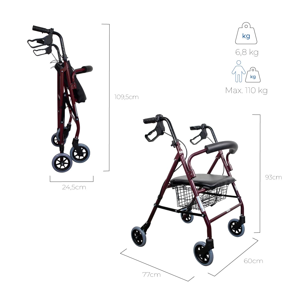 Andador para minusvalidos, ancianos, mayores o adultos, de aluminio, ligero, plegable + Silla para Ducha, Taburete Regulable en Altura, Conteras Antideslizantes y Asiento Ergonómico
