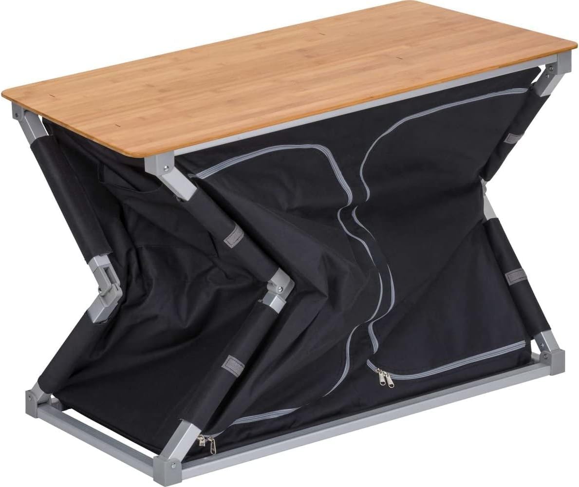 Berger Deluxe | Mueble de Cocina de Camping, Cocina Plegable con Encimera de Bambú, Armario de Almacenamiento con 4 Compartimentos, Protector de Viento y Bolsa de Transporte, Estructura de Aluminio