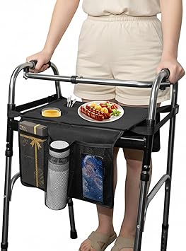Walker Tray for Folding Walker,Walker Basket Bag,Trays for Walkers for Seniors Detachable with Cup Holder,Walker Trays for Rolling Folding Walker,Walker Accessories for Elderly (Black)