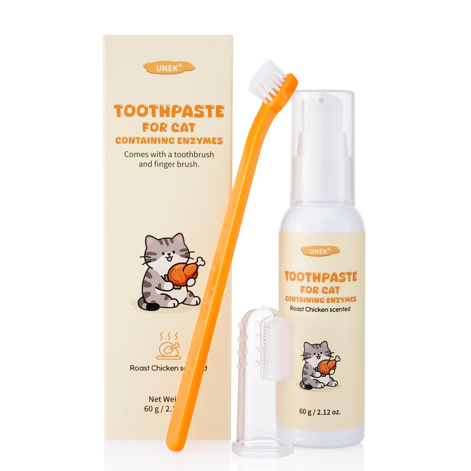 UNEK Kit de cuidado dental para gatos – Pasta de dientes enzimática 60 g sabor pollo frito, con cepillo de dientes y cepillo de dedo, ayuda a reducir placa y mal aliento