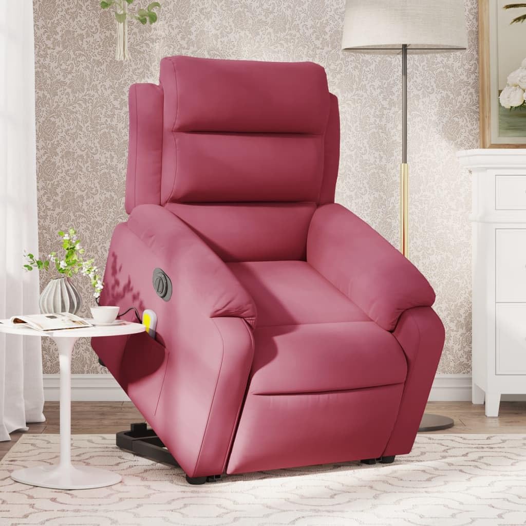 Sillón de masaje eléctrico con ayuda para levantarse, color rojo vino, silla tapizada de terciopelo con masaje de vibración de 6 puntos y función reclinable, amplio asiento, reposabrazos