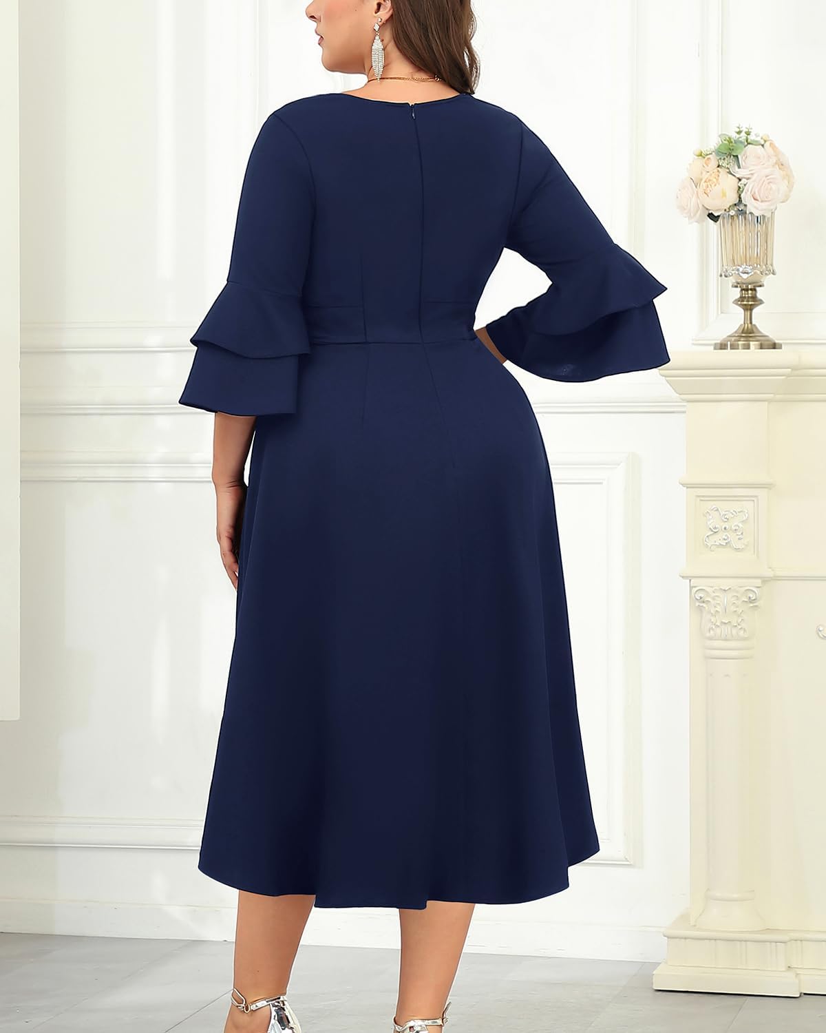 Plus Size Wedding Guest Dress - Semi Formal Double Bell Sleeve V Neck High Low Split Ruffle Cocktail Dresses with Belt - Image 3