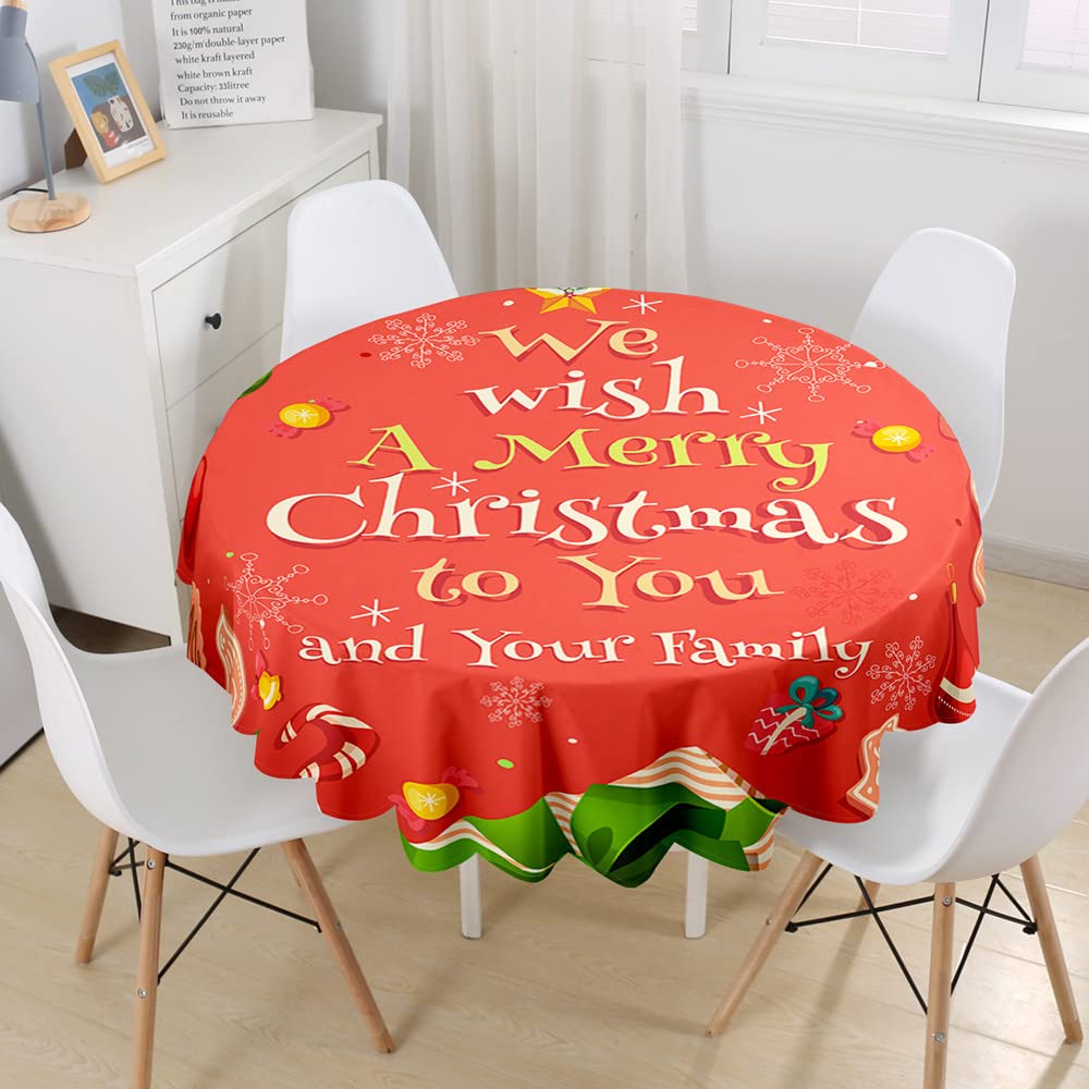 Morbuy Navidad Manteles Redondo Antimanchas, Poliéster Impermeables Mantel de Mesa Lavable, Manteles Redondo Decoración para Fiesta Comedor Jardín Hogar (Deseos de Navidad,Diámetro 180cm)