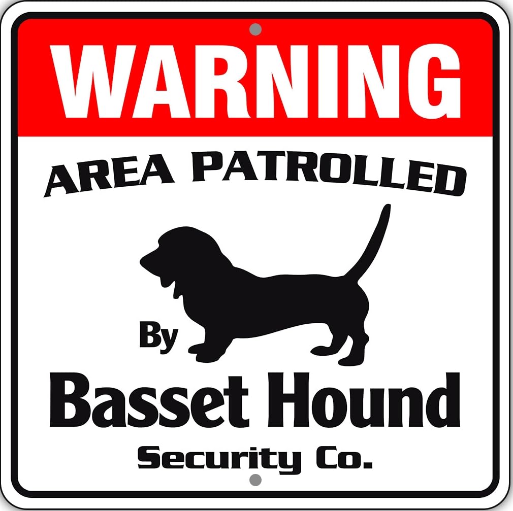 Warning Area Patrolled By Basset Hound Dog Safety Metal Sign 12"x12"