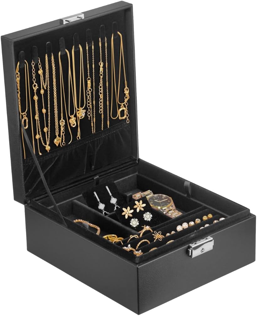 Prestige & Fancy 2 Layer Woman Jewelry Box, Jewelry Organizer For Woman, Men & Girls Large Case 8.5×7.5×3.3in | PU Leather Jewelry Gift Storage Boxes For Ring (Black) Prestige & Fancy 2 Layer Woman Jewelry Box, Jewelry Organizer For Woman, Men & Girls Large Case 8.5×7.5×3.3in | PU Leather Jewelry Gift Storage Boxes For Ring (Black)