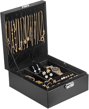Prestige & Fancy Double Layer Jewelry Box Jewelry Organizer for Women Men Girls Large Case 8.5 x 7.5 x 3.3 Inches | PU Leather Black Jewelry Gift Storage Box for Rings, Necklaces, Bracelets with Lock