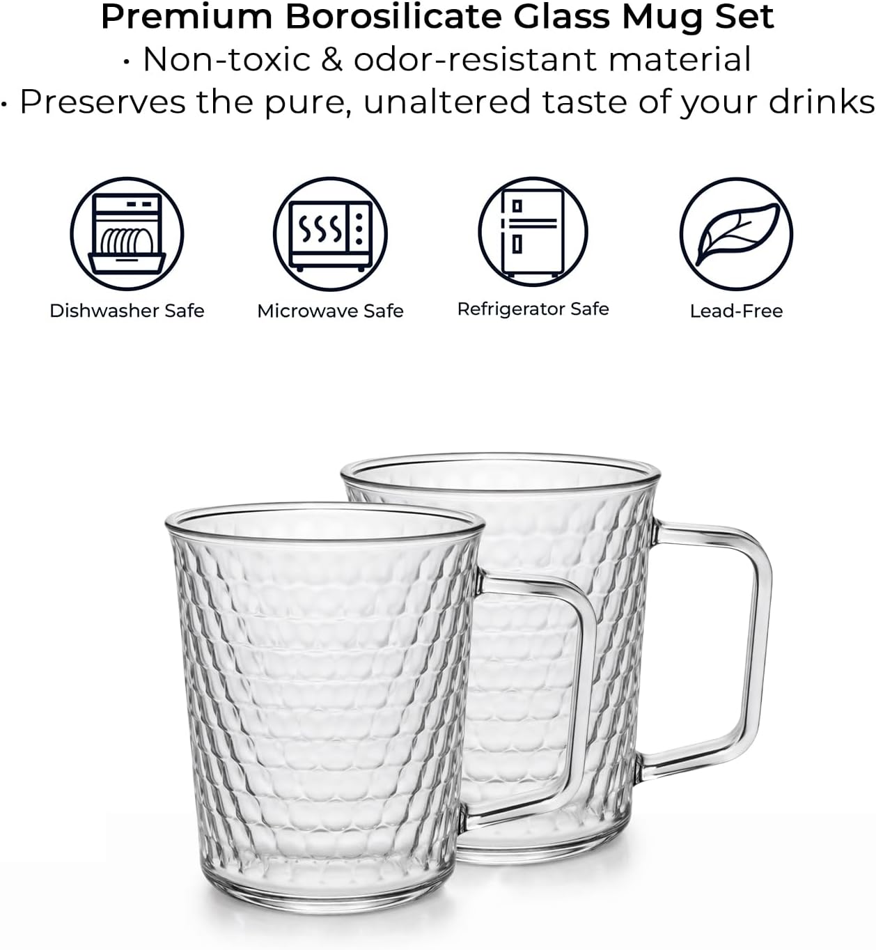 Aquach 20 Oz Glass Coffee Cups, Clear Tea Mugs with Handle, Microwave and Dishwasher Safe Home Office Drinking Mugs Perfect for Americano Cappuccino Hot&Cold Beverages, 2-Pack