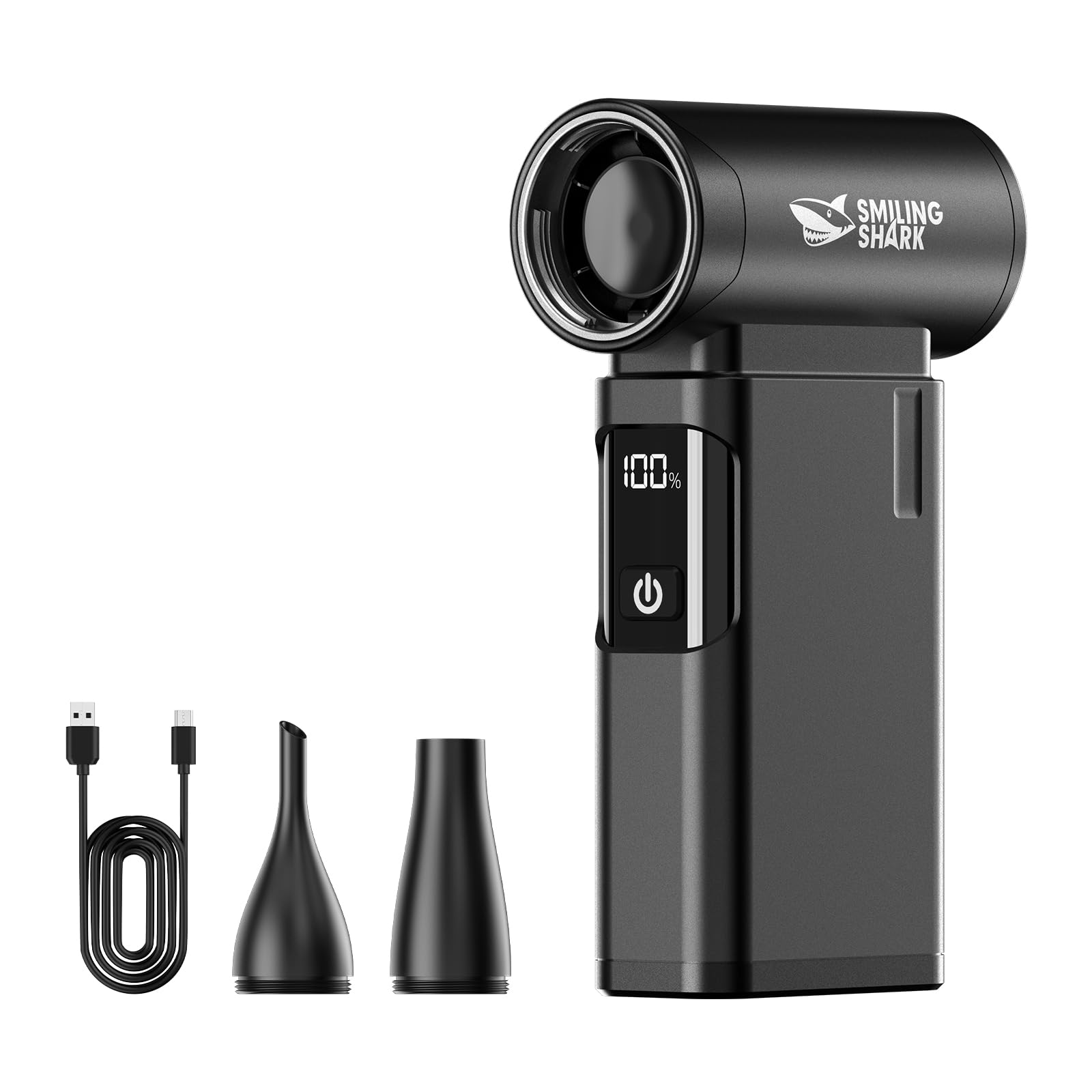 Smiling Shark JE-01 Elektrische Staubgebläse, Wiederaufladbarer Bürstenloser Motor Druckluft Compressed Air Duster aus Aluminum & LED-Display, Kabelloser 4-Gang Dust Blower für PC/Tastatur/Lagerfeuer