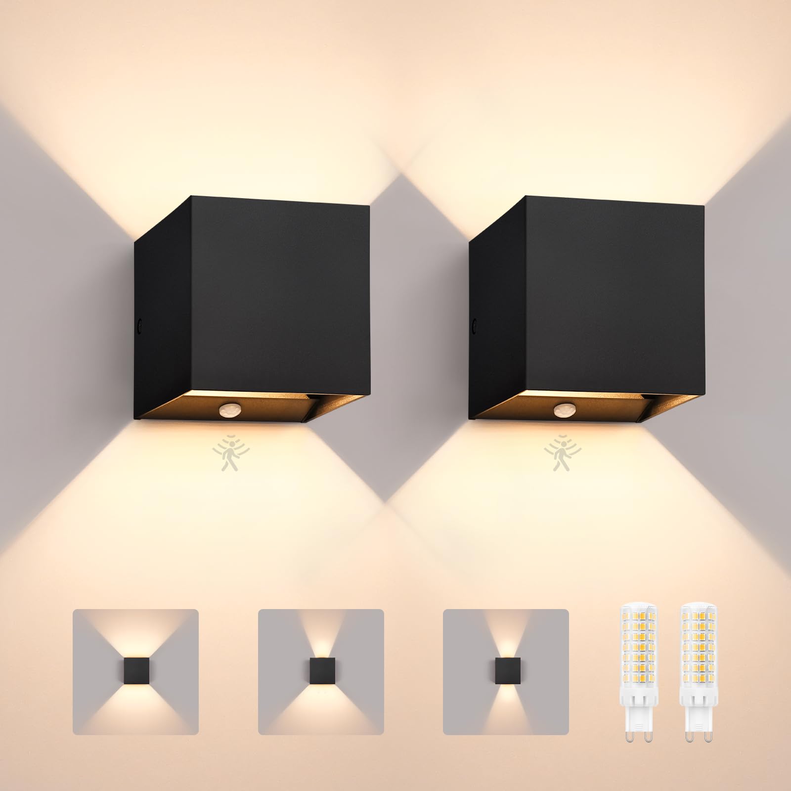YindaLux LED Aussenlampe mit Bewegungsmelder, mit G9 LED, Schwarz, 2 Stück
