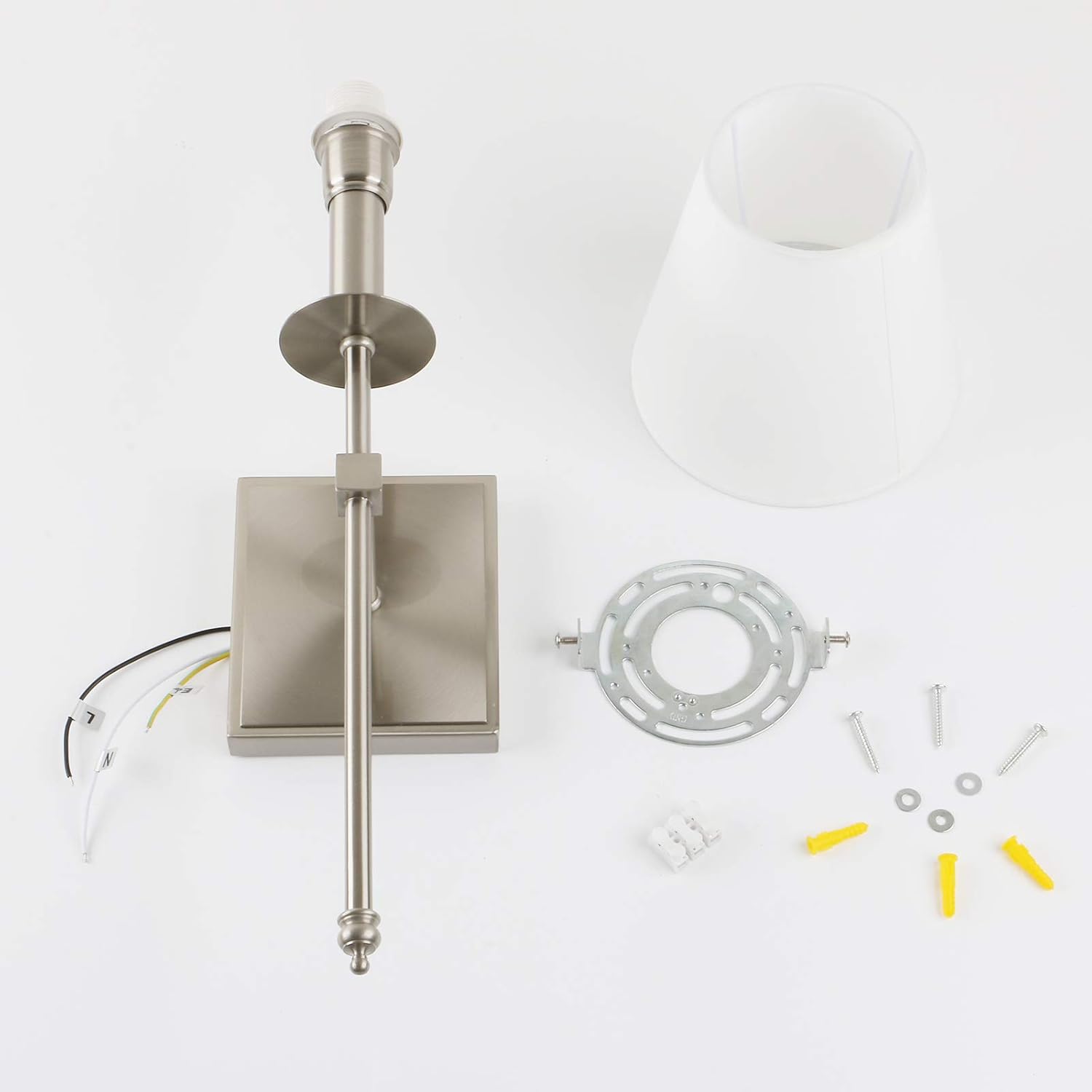 Up To 40% OFF Permo Single Classic Rustic Industrial Wall Sconce Lighting Fixture with Flared White Textile Lamp Shade and Brushed Tapered Column Stand Buy 1 get 1 Permo Single Classic Rustic Industrial Wall Sconce Lighting Fixture with Flared White Textile Lamp Shade and Brushed Tapered Column Stand