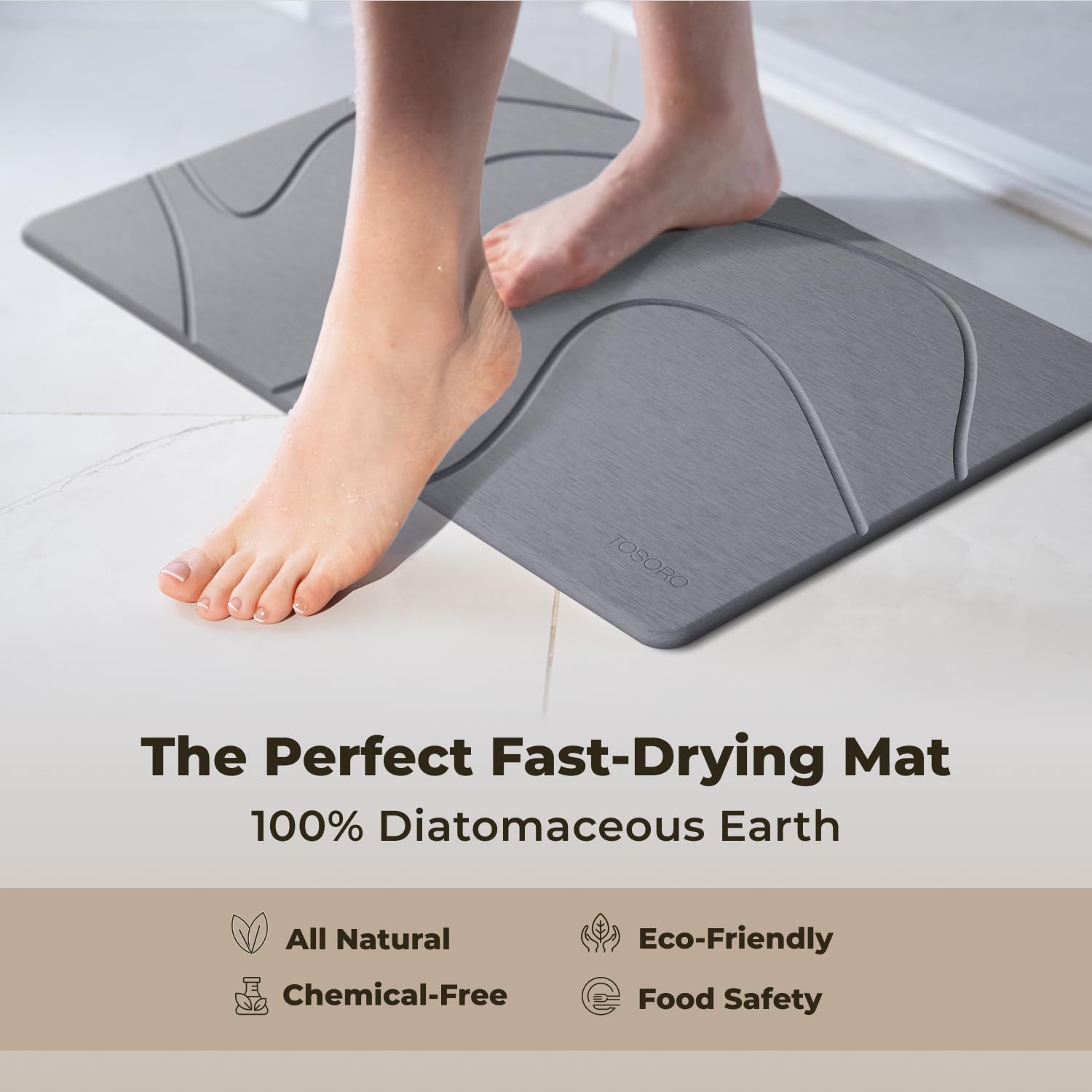 TOSORO, Alfombra de baño o ducha de piedra antideslizante de tierra de diatomeas, tapetes de baño absorbentes de secado rápido, diseño elegante y moderno, fácil de limpiar, 60 x 38 cm, Grafito