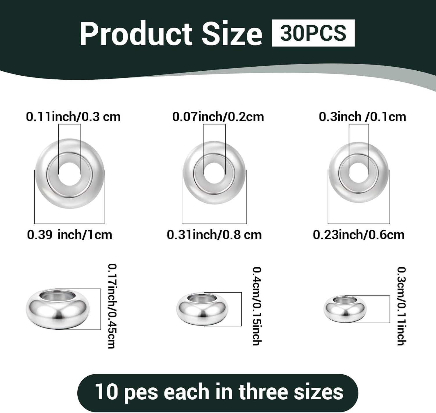 30PCS Stopper Beads 304 Stainless Steel Beads Spacers for Bracelet Slider Bead 6/8/10mm for DIY Necklace Jewelry Making - Image 2