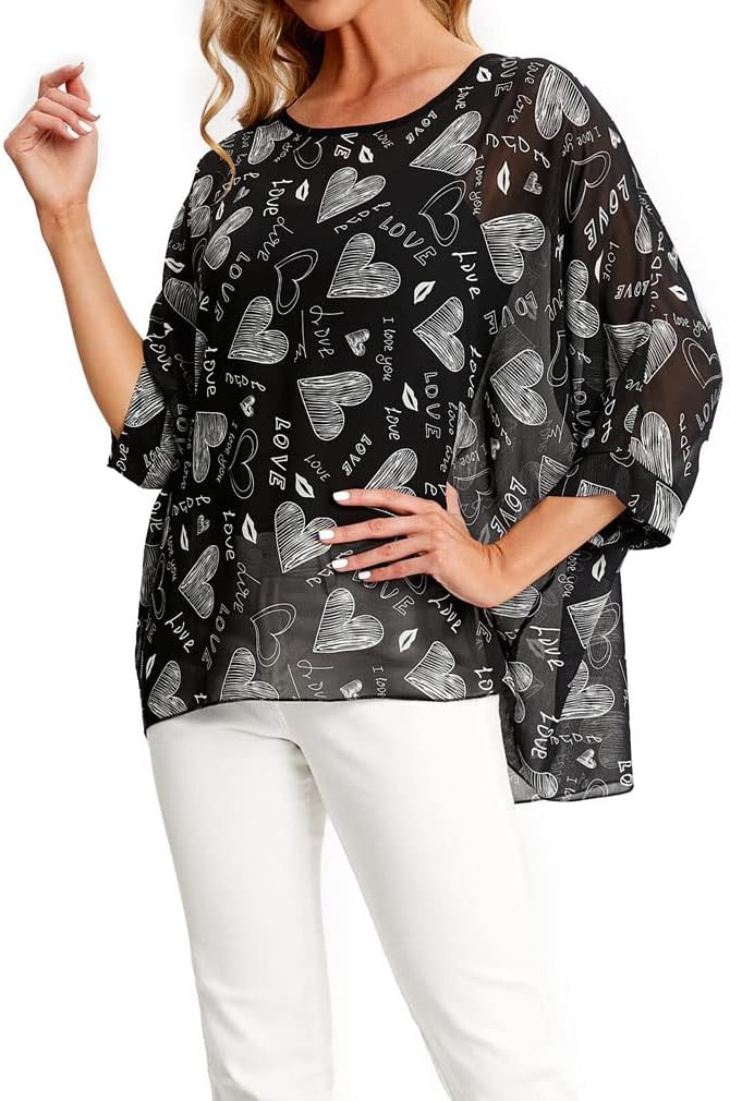Rokou Womens Floral Chiffon Blouse Loose Batwing Bohemian Semi Sheer Tops - Image 4