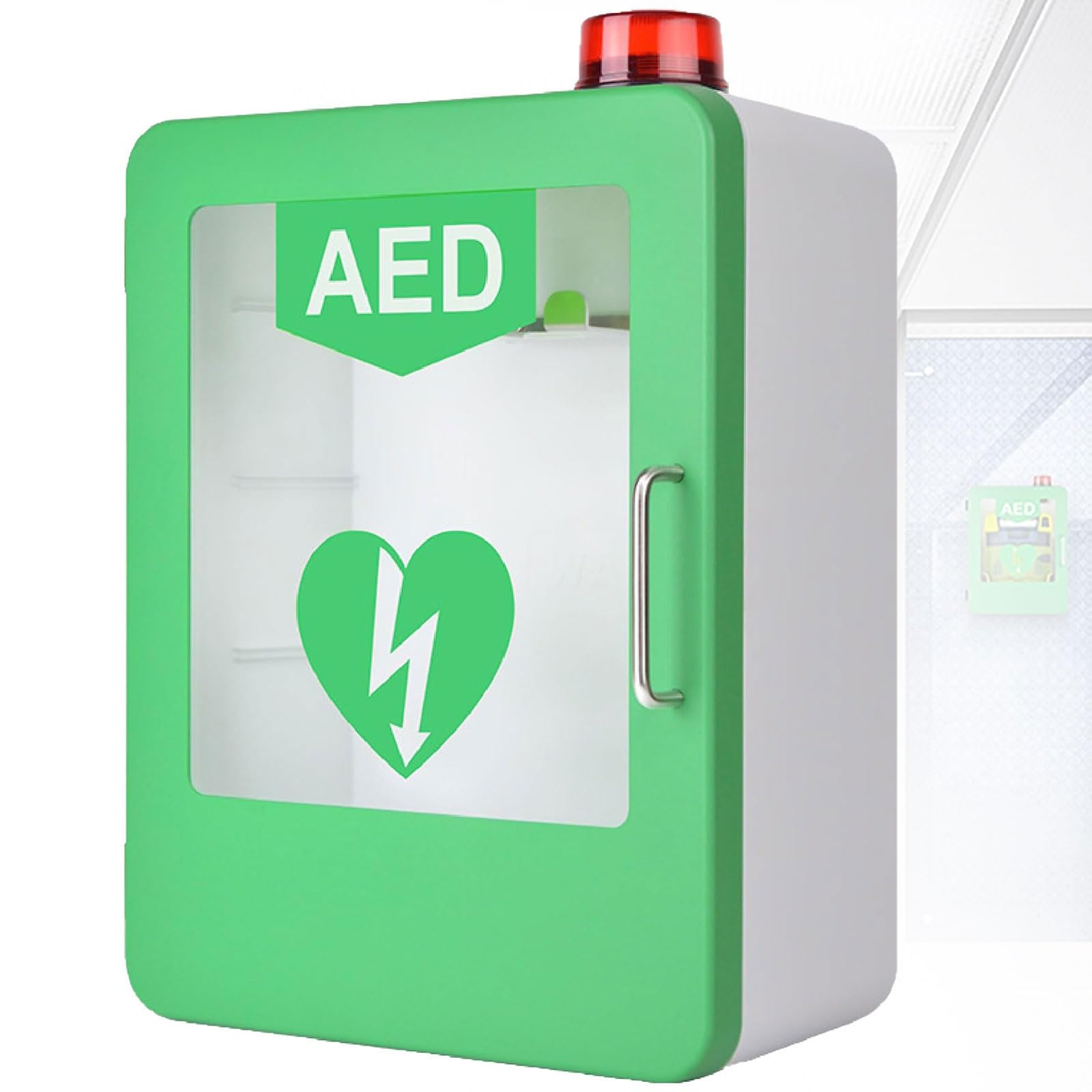 Caja de alarma de desfibrilación cardíaca montada en la pared, gabinete de almacenamiento de desfibrilador DEA con sistema de luz y alarma, control de interruptor doble, estuche de primeros auxilios (