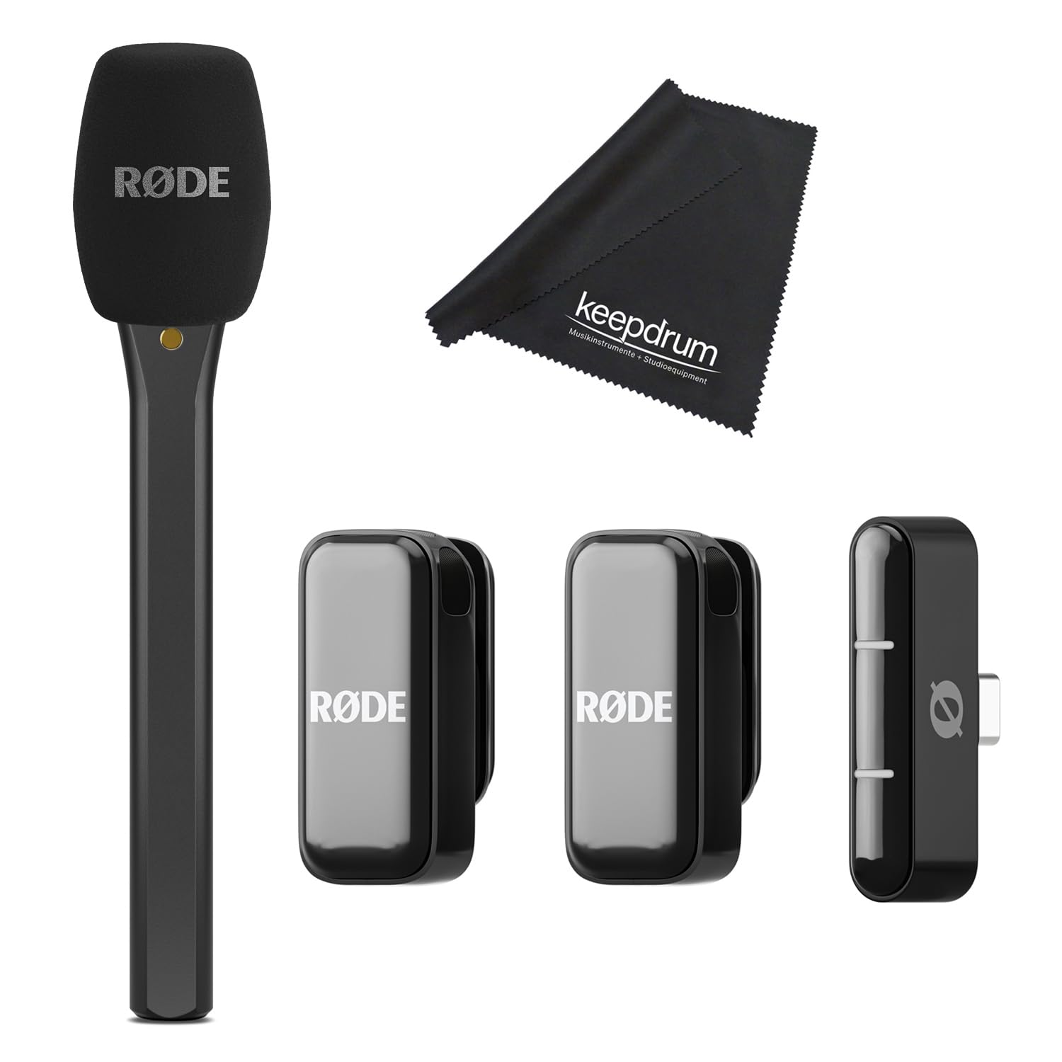 Rode Wireless Micro Drahtloses Mikrofon-System USB-C mit Interview Micro Handadapter und keepdrum Tuch