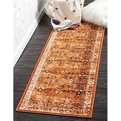 Unique Loom Imperial Collection Distressed, Modern, Traditional, Bright Colors, Vintage, Border Area Rug, 3′ x 9′ 10″ Runner, Terracotta and White/Black