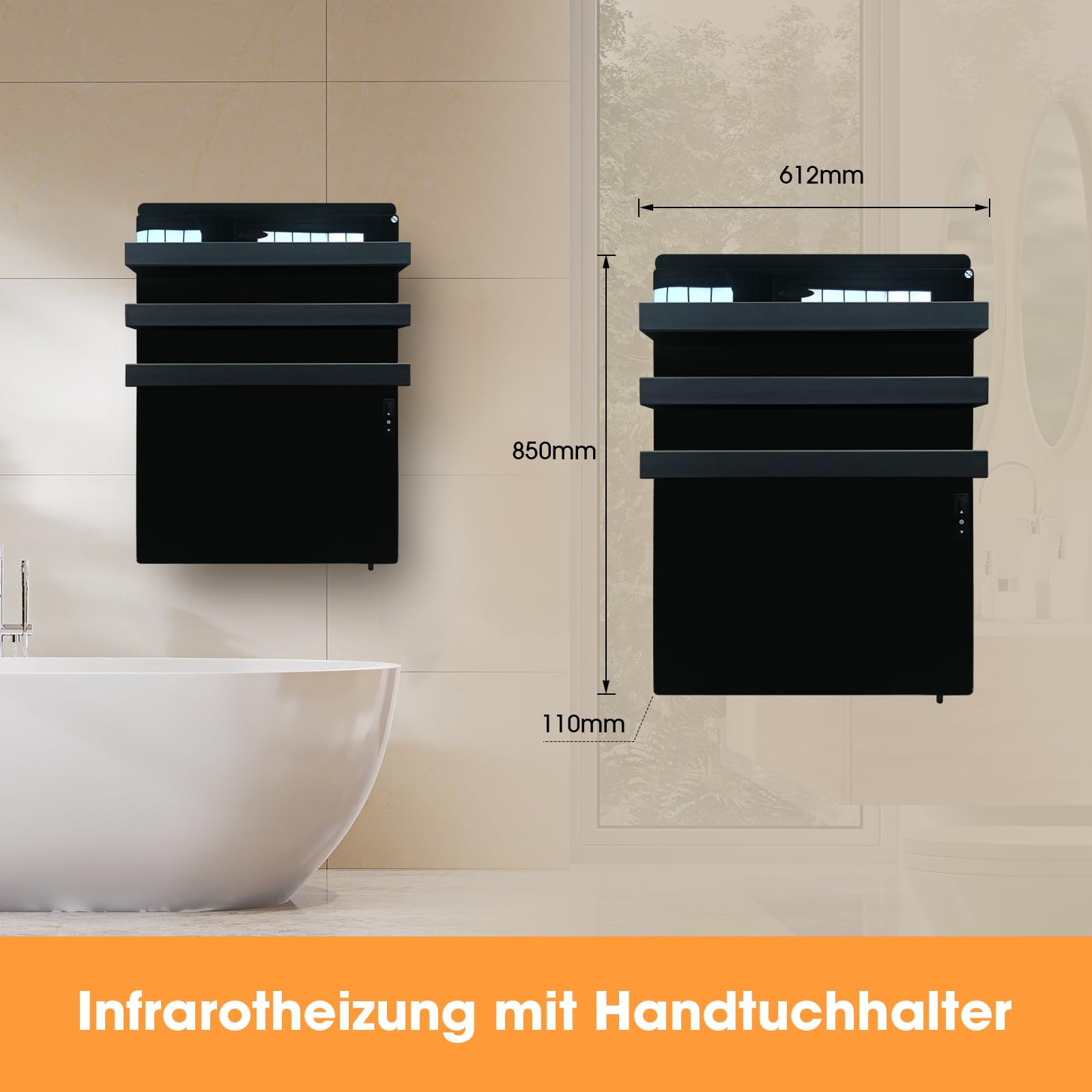 Infrarotheizung mit Thermostat 730 Watt, Bad-Heizkörper mit Handtuchhalter, Infrarot Wandheizung mit App Steuerung, Elektroheizung mit Touchscreen, Handtuchheizung, Handtuchtrockner, Schwarz