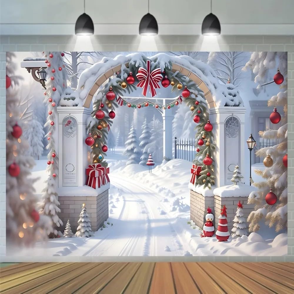 Świąteczny łuk z pokrytym śniegiem winylowym tłem, nadaje się do dekoracji stołu na Boże Narodzenie 440 x 300 cm