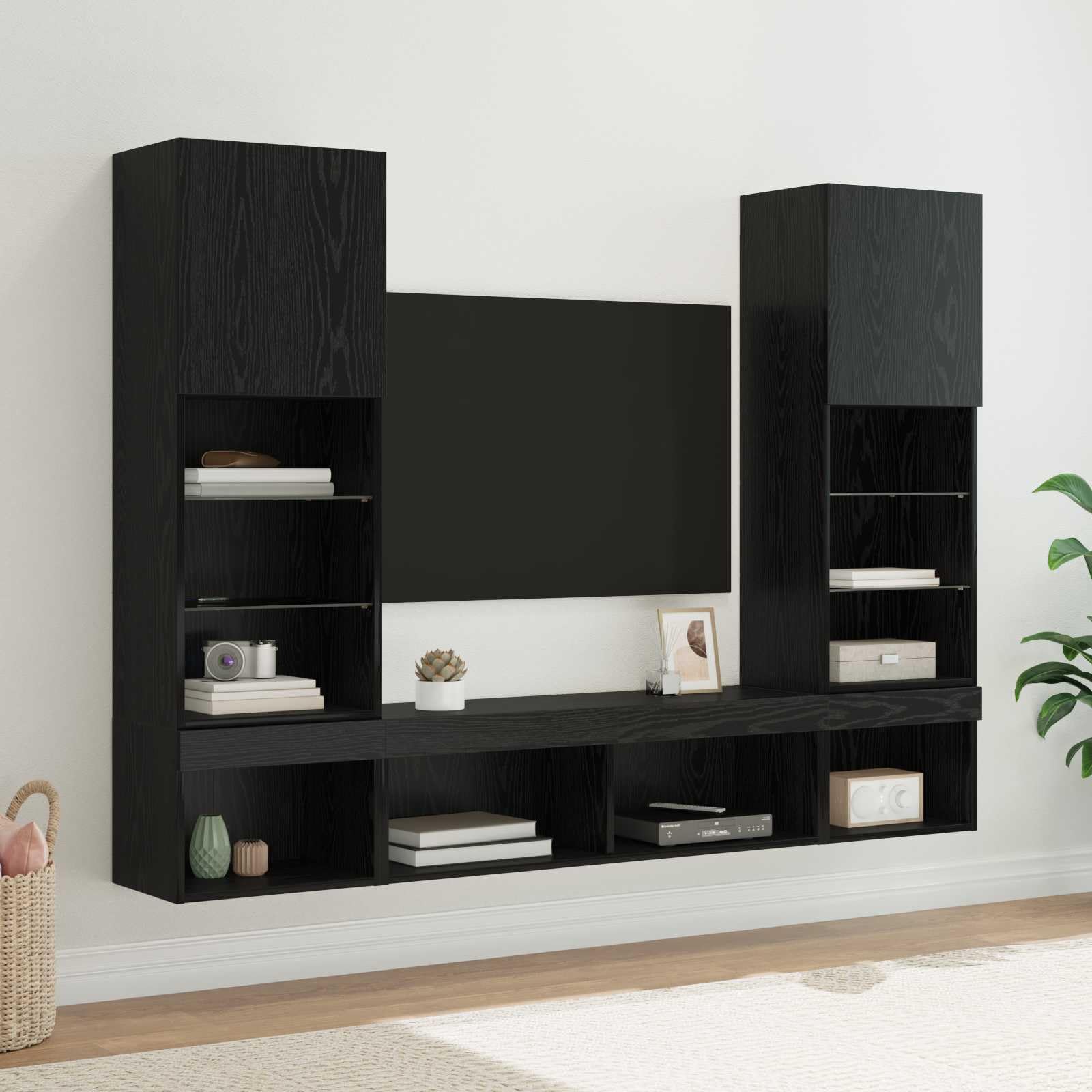 Zestaw ścienny do telewizora z diodami LED, 5-częściowy zestaw z materiału drewnopochodnego w kolorze czarnym o wyglądzie dębu, 40,5 x 30 x 102 cm, nie zajmuje dużo miejsca do przechowywania