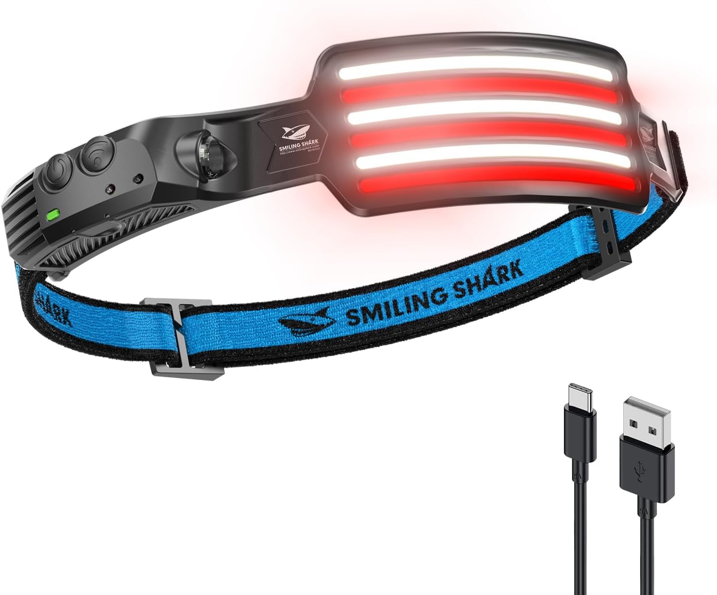 Smiling Shark TD-0123F Headlamp, Motion Sensor LED Headlight Rechargeable Fishing Head Lamp with Red Light Mode Floodlight & Spotlight Lightweight Hands-Free Headlamp for Fishing Camping (1 Pack)