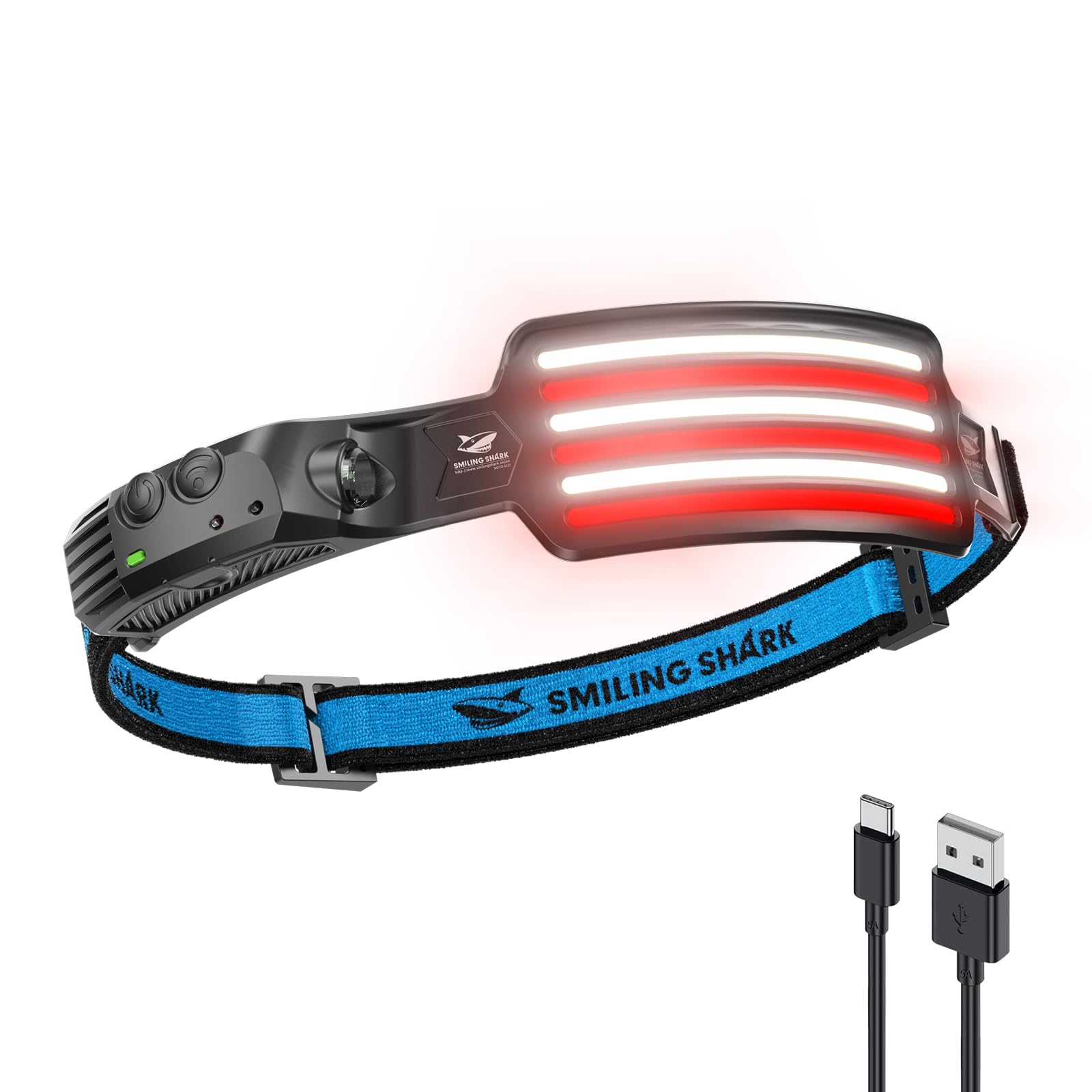 Smiling Shark TD-0123F Headlamp, Motion Sensor LED Headlight Rechargeable Fishing Head Lamp with Red Light Mode Floodlight & Spotlight Lightweight Hands-Free Headlamp for Fishing Camping (1 Piece)