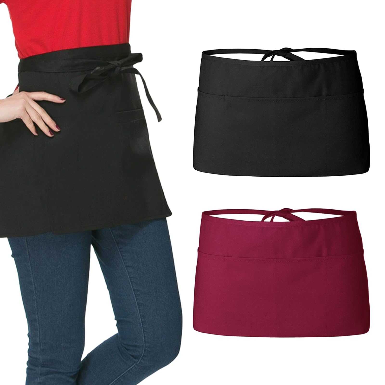 Kalttoy Multicolor 2Pcs Polyester Apron Waist Belt Half Bistro Server Apron Long Waist Tie Practical Front Pocket For Professional Classical Black Polyester Kitchen
