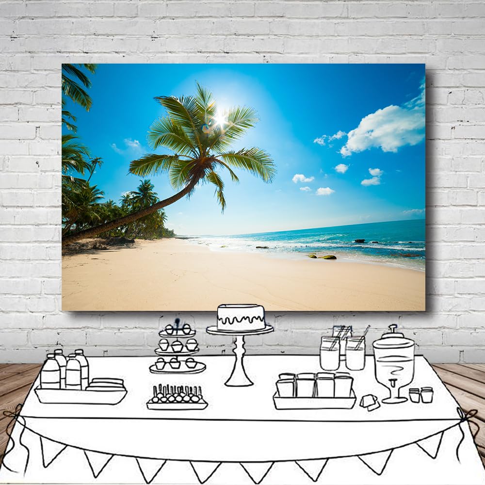 Loccor 6x4ft Fabric Cartoon Beach Backdrop Tropical Palm Tree Ocean Coastal Scenery Photography Background Beach Birthday Party Decorations Baby Children Portrait Photo Booth Shooting Studio Props