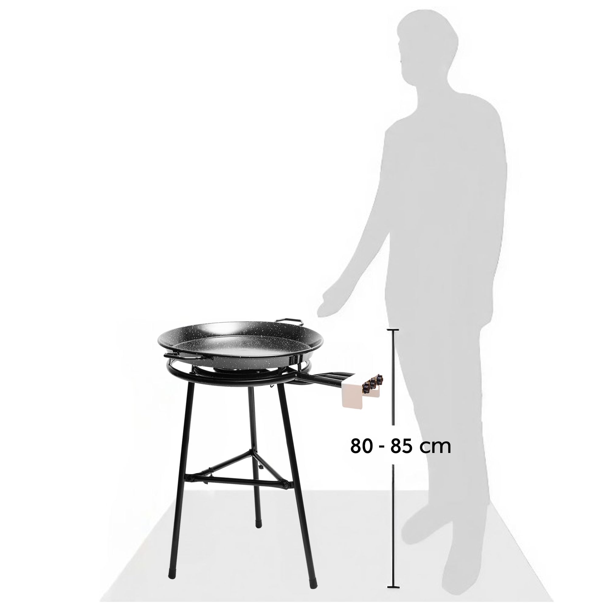 briebe Set Bruciatore a Gas Paellero 3 Fuochi 60-40-20 cm + Padella per Paella Smaltata 65 cm 22 Porzioni + Supporti 3 Gambe, Robusto Treppiede Regge Fino a 200 KG, Kit Paella