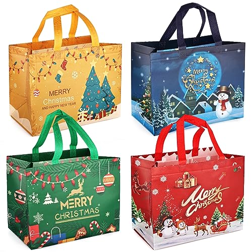 4PCS Multifunctional Non-Woven Christmas Tote Bags for Gifts Wrapping Shopping, 32.5×25×17cm, Lateral Christmas, 4pcs