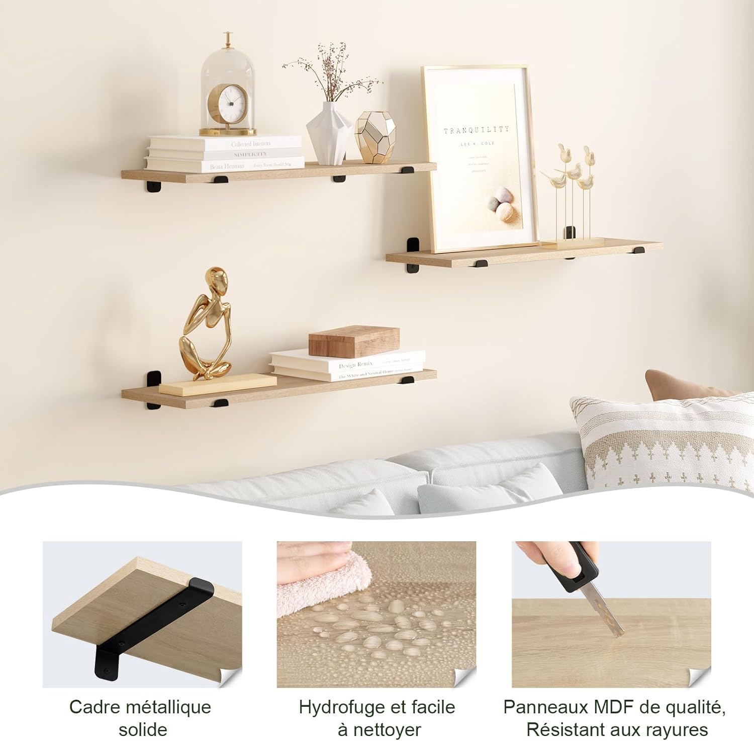 EUGAD Étagère Murale Lot 3, Étagères Flottantes, Noir+Effet de Bois Clair
