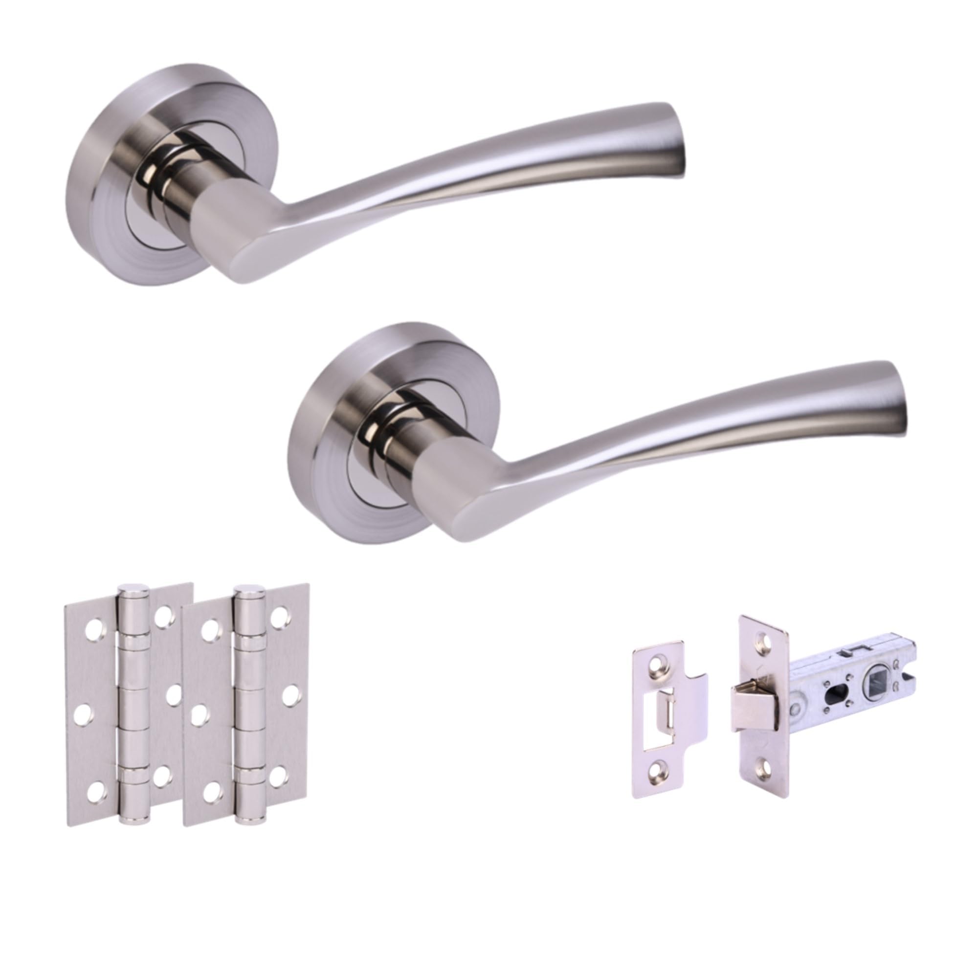 Hunta Polished Nickel / Satin Nickel Handlezone® Lobo Internal Door Handle Latch Pack, Complete With Lever On Rose Handles, 76Mm Latch, 75Mm Ball Bearing Hinges - Dual Finish Polished/Satin Nickel