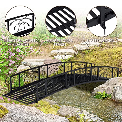 Kinsunny 8 Ft Metal Garden Bridge with 2 Safety Patterned Siderails Outdoor Decorative Iron Garden Arch Footbridge for Pond, Creek, Stream