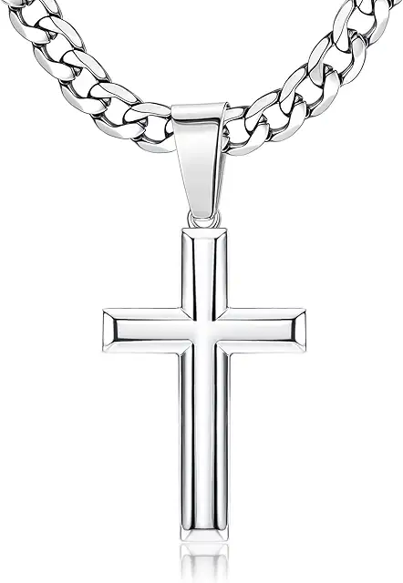 Sterling Silver Cross Pendant Necklace with Diamond-Cut Figaro Chain for Men & Women