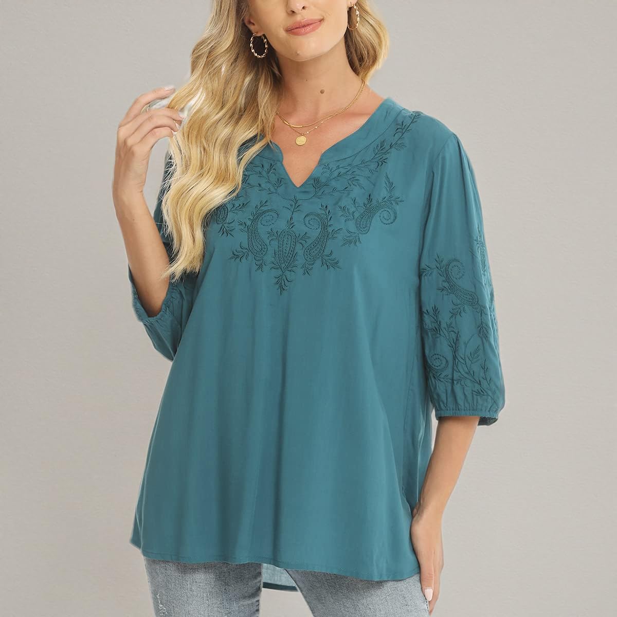 LauraKlein Blusas de verano para las mujeres Boho camisa blanca manga 3/4 bordado Top para Mexicano Floral Western wear, Azul / Patchwork, Small