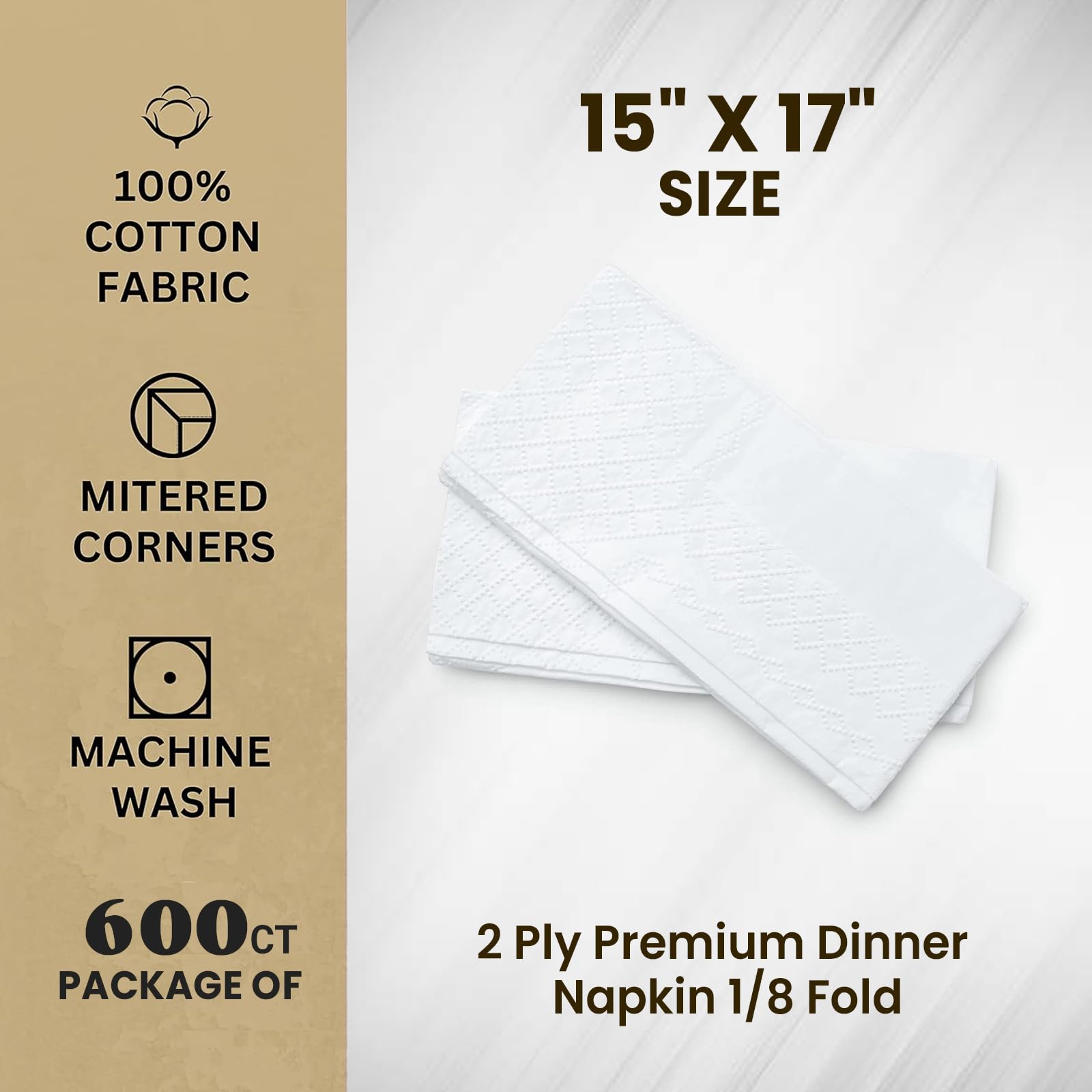 Servilletas de cena de 2 capas de 1/8 de pliegue (paquete de 600 unidades) 15 x 17 pulgadas