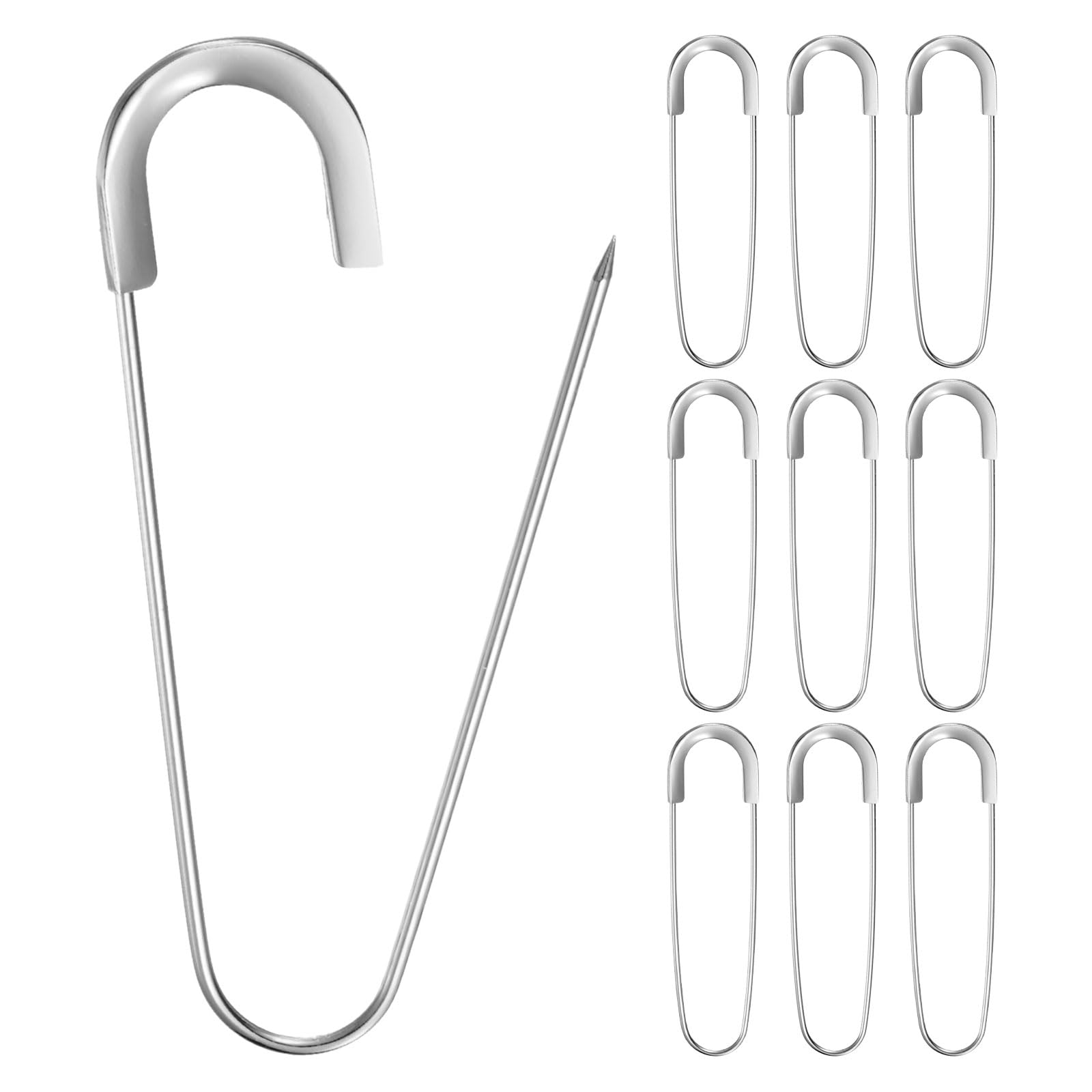 M METERXITY 10-Pack Large Safety Pin 3.15in/80mm Zinc Alloy Silver Tone