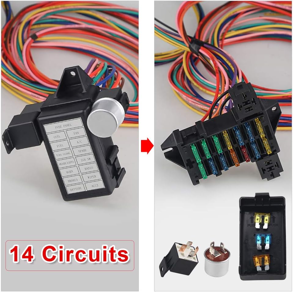 WMPHE 14 Circuit Wiring Harness Kit, Professional Universal Electrical Wire Harness, Car Modification Circuit 14 Fuse Compatible with Chevy Ford Chrysler Mopar Muscle Car