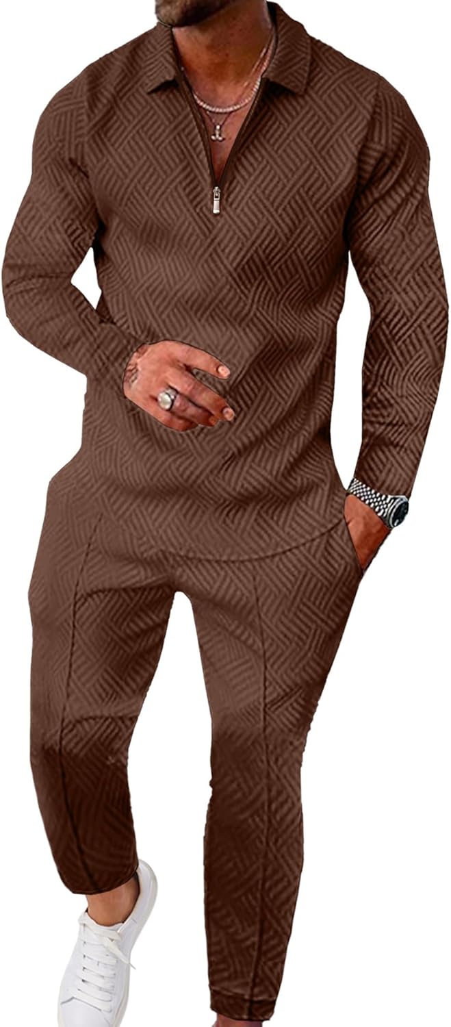 UOUA Mens 2 Piece Set Casual Outfits Polo Long Sleeve Shirt & Pants Tracksuit Loungewear Athletic Jogger Sweatsuit