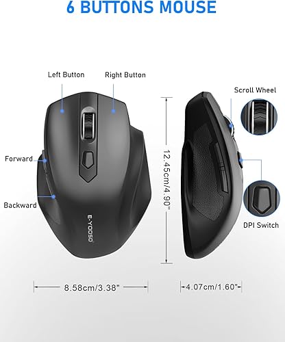 Miniatura 2 de E-YOOSO Mouse inalámbrico para laptop, mouse de computadora de 2.4 GHz, 5 ratones inalámbricos de oficina DPI ajustables con receptor USB, 6
