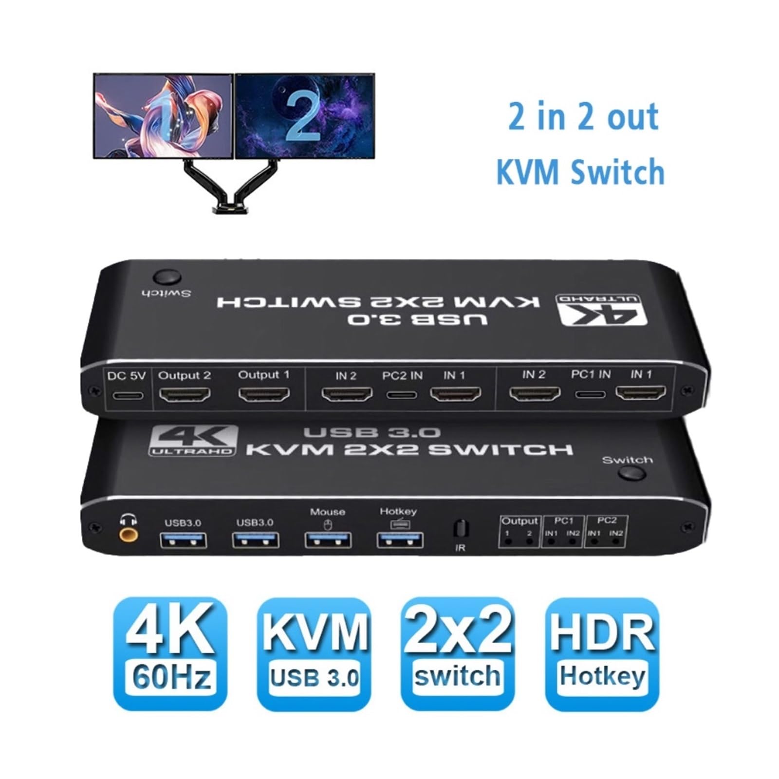 デュアルモニター HDMI KVMスイッチ2ポート 2 ポート デュアルモニター KVM スイッチ HDMI+DP 4K60Hz USB3.0